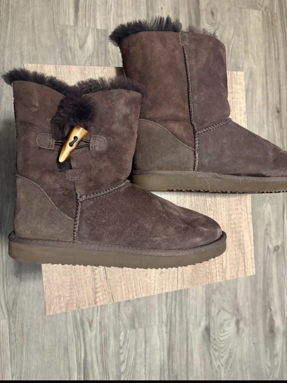 Women's Brown Suede Genuine Sheepskin Shearling Toggle Boots